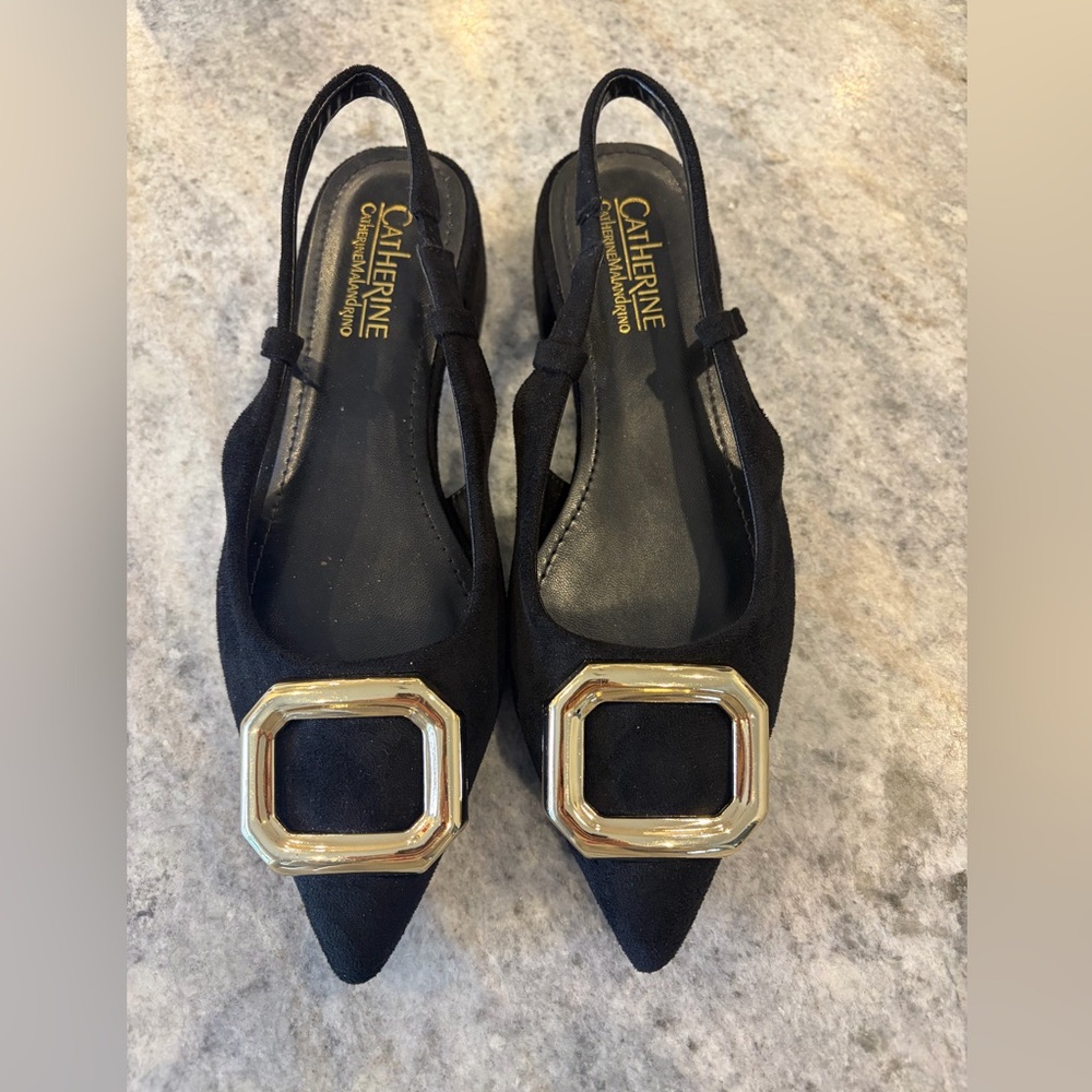 Catherine Malandrino Black Slingback Flats with Gold Buckle